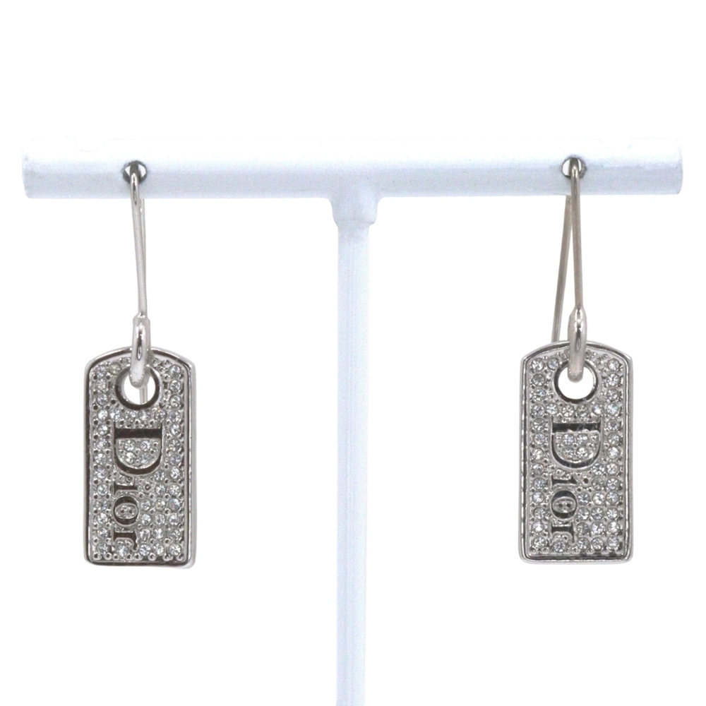 Christian Dior Logo Plate Earrings, Metal x Rhinestone, Silver, Approx. 6.3g,...